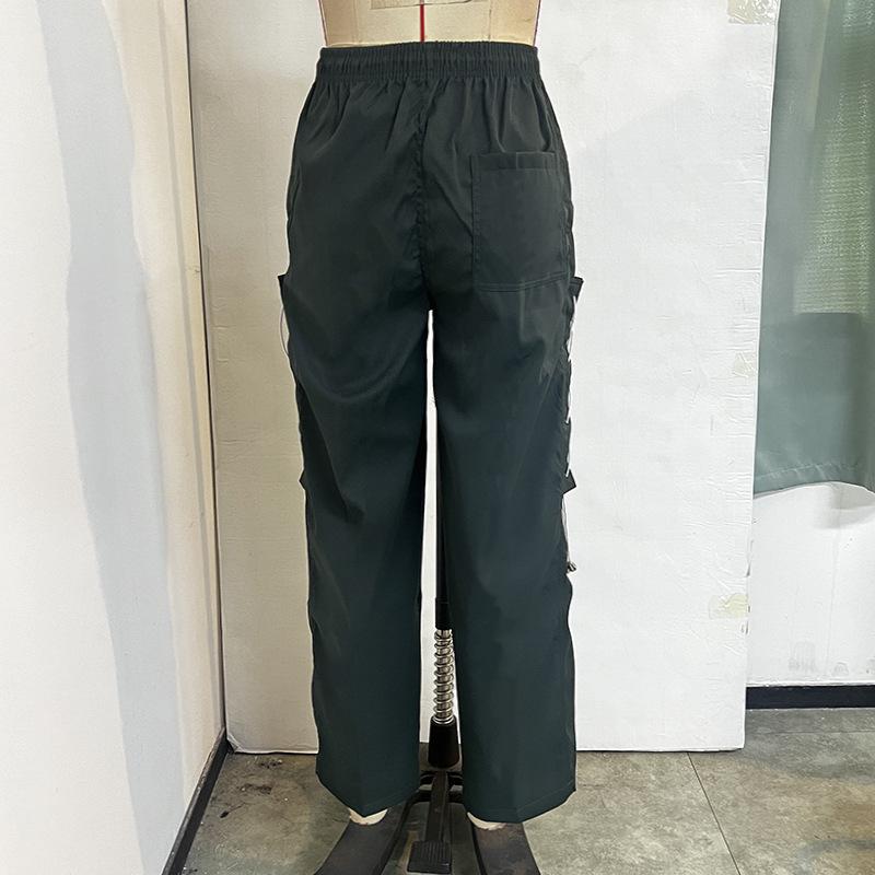 Women's Straight Work Pants Pockets Solid Color Cross Tie Elastic High Waist Casual Pant