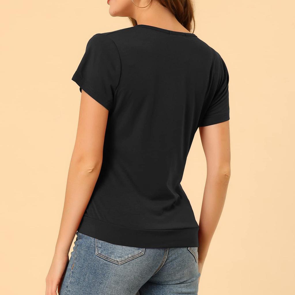 Women's  Short Sleeve T Shirts Deep V Neck Loose Casual Tee Tops For Women Solid Ruched Side Top