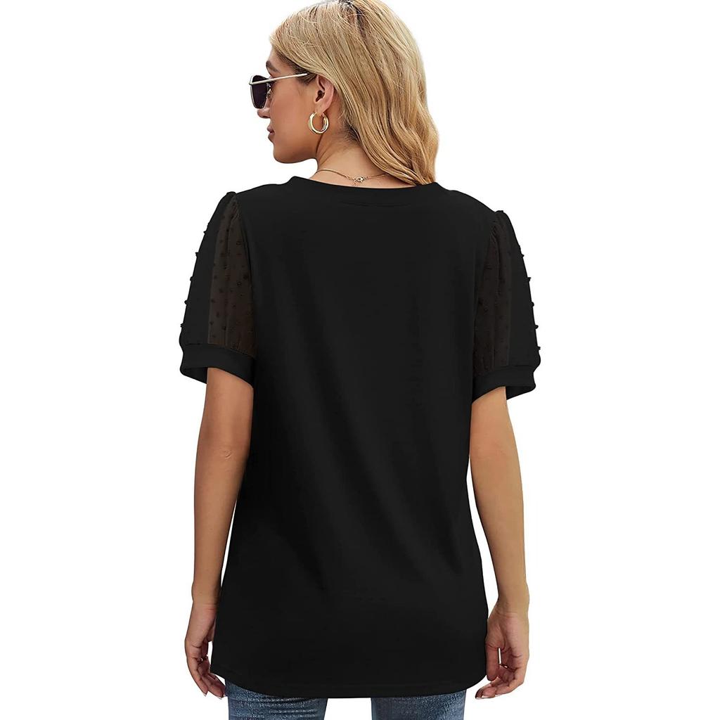 GMXIA Summer Women's T-shirt Solid Color V-neck Simple Mesh Puffed Sleeves
