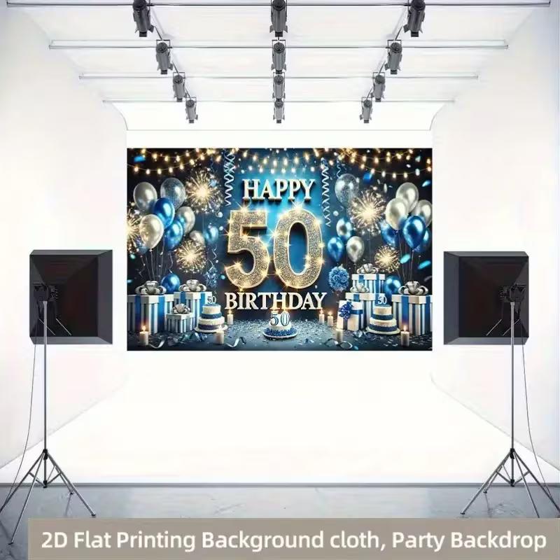 2D 50th Birthday Party Backdrop Blue Silver Balloon & Cake Happy Birthday Photo Booth Background