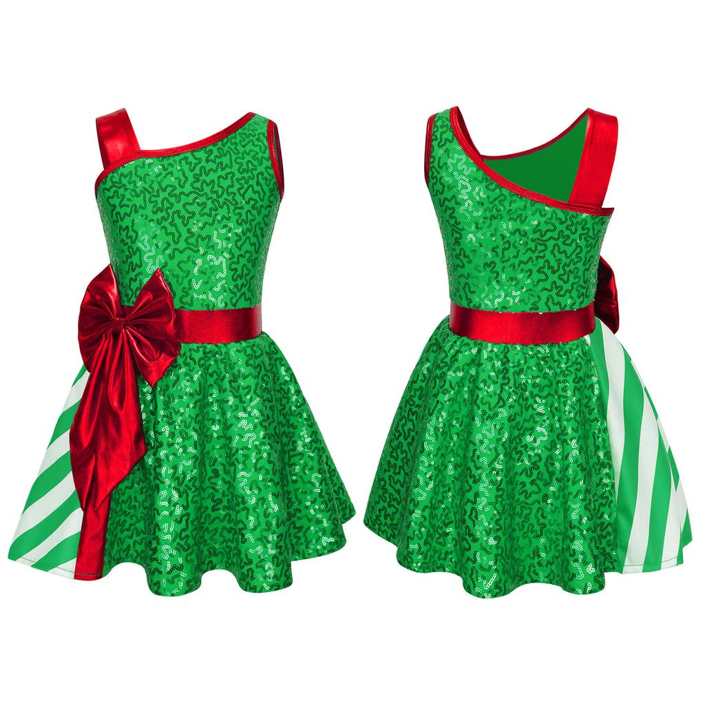 Kids Girls Sequins Christmas Dress Xmas New Year Dress Big Bow Stripe Stage Performance Santa Clause Party Dancewear