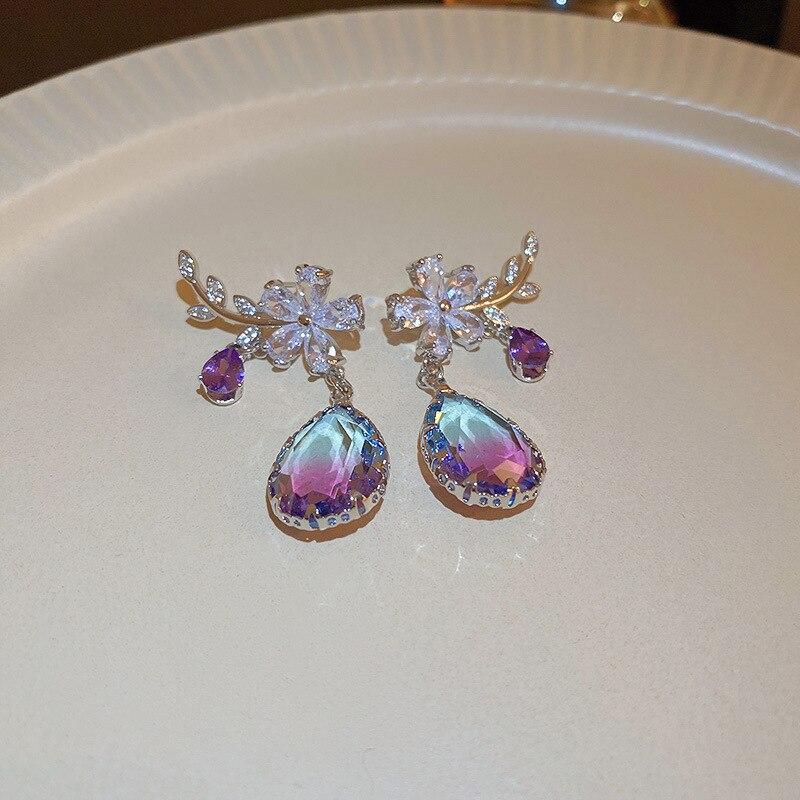 Exquisite Purple Zircon Earrings Rhinestone Women Earrings Water Drop Flower Dangle Earring Anti-allergy Ear Jewelry Brincos K0