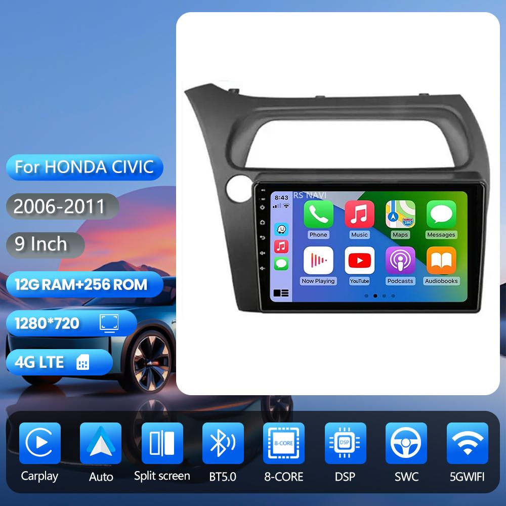 Autoradio Android 16 Carplay Auto GPS Navigation Lecteur multimédia pour Honda Civic Hatchback 2006 - 2011 vidéo Stéréo Qualcomm