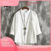 Men's Trendy White Linen Three-Quarter Sleeve Shirt - Loose and Lightweight Summer Fit