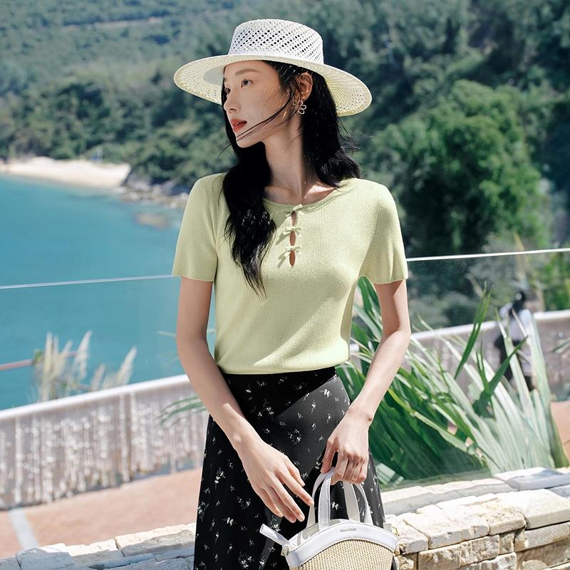 Jiuzi Anna Kou Leisure Age Reducing Bow Knitted Short Sleeve Women's 2026 Summer New Style