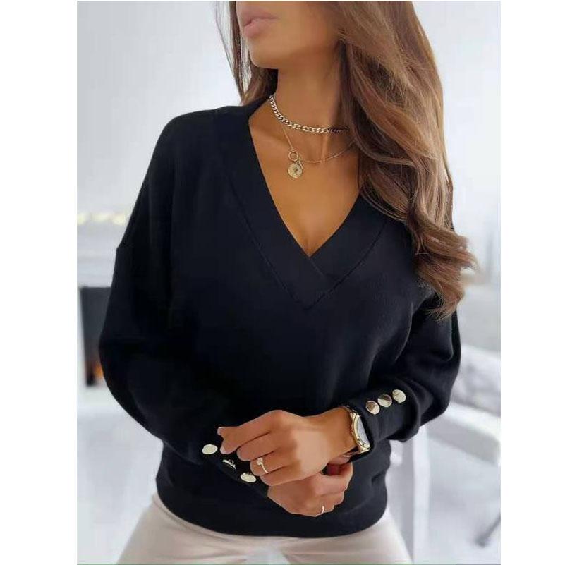 Осенне-зимняя модная женская мода с v-образным вырезом и длинным рукавом, повседневная однотонная трикотажная пуловер на пуговицах, свитера, джемпер