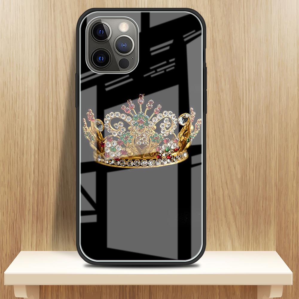Стеклянный чехол с принтом алмазной короны для iPhone 11 13 12 14 Pro XR X XS Max 7 8 6 6S Plus SE 2020, чехлы для телефонов с закаленным черным краем