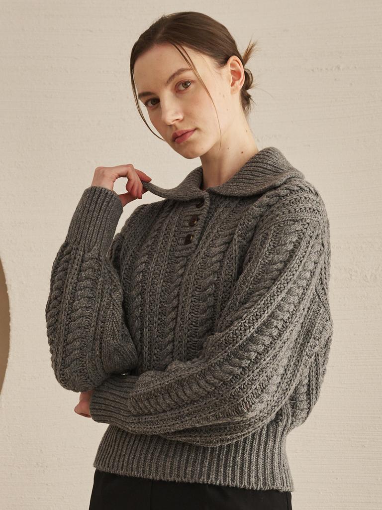 NOUVE Cable Collar Wool Knit - M. Gray