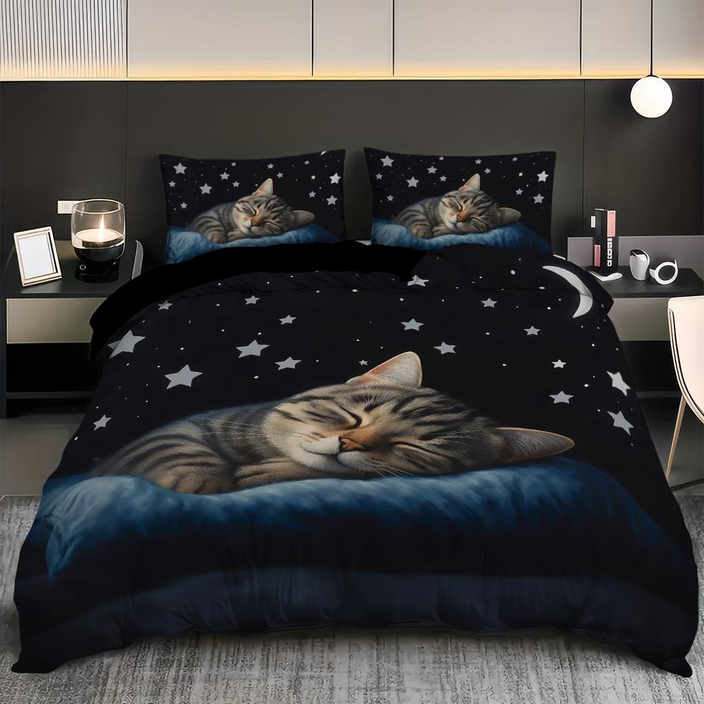 3pcs Sleeping Cat Pattern Printed Bedding Set, 1*quilt Cover+2*pillowcase, Suitable for King Bed, Single Bed for All Seasons