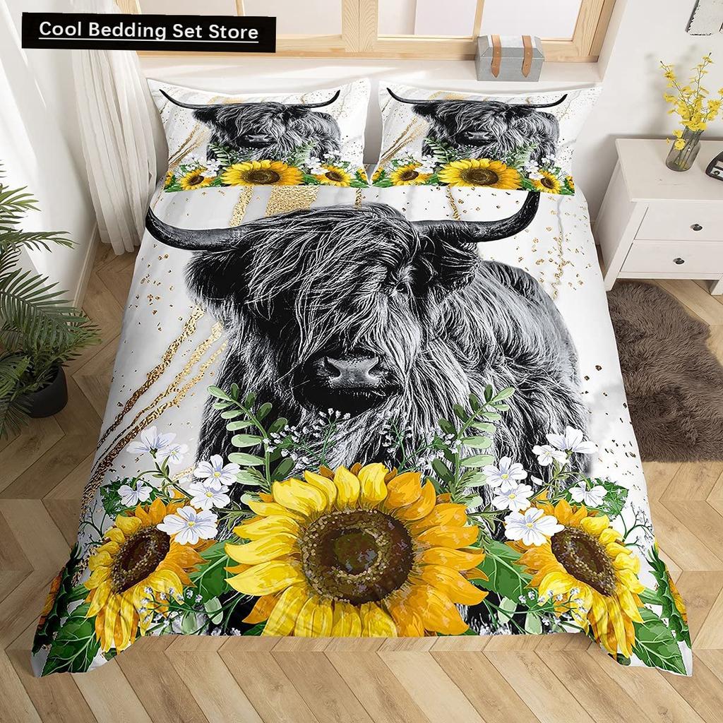 Highland Cow Flower King Queen Duvet Cover Cattle Rose Bedding Set Western Animal Comforter Cover Farmhouse Bull Quilt Cover