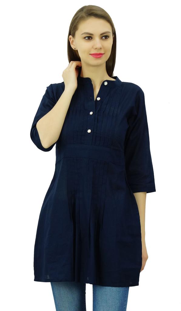 Phagun Women's Elegant Short Tunic Mandarin-Collar Kurti Chic Casual Cotton