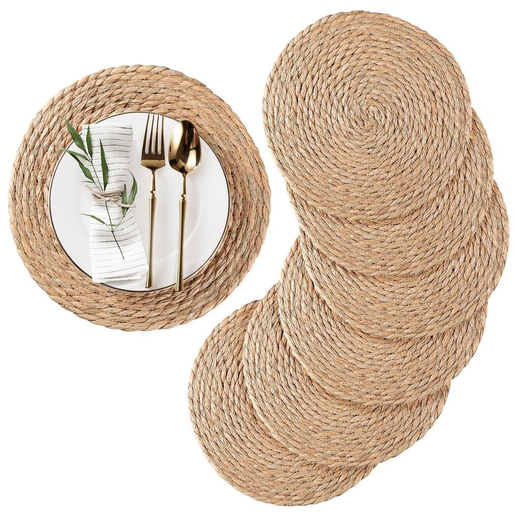 Round Woven Placemats Set Of 6, Natural Water Hyacinth Place Mats
