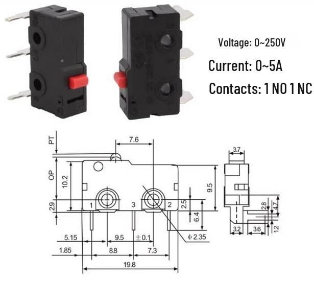 KW12 Micro Tripod Lever Switch, 5A/250V, KW11-3Z, Travel Limit Contact Button.