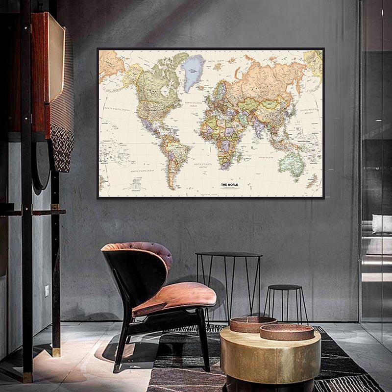 The World Political Map Retro Non-woven Canvas Painting Wall Art Poster Classroom Home Decor Children School Supplies