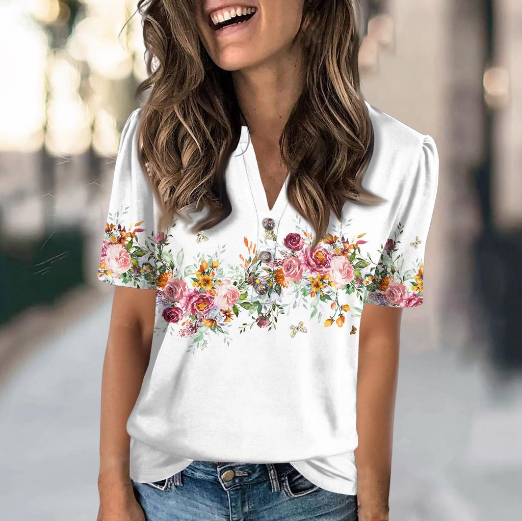 Women's Fashion Casual Flower Print V-neck Short Sleeve Button Up T-shirt Top