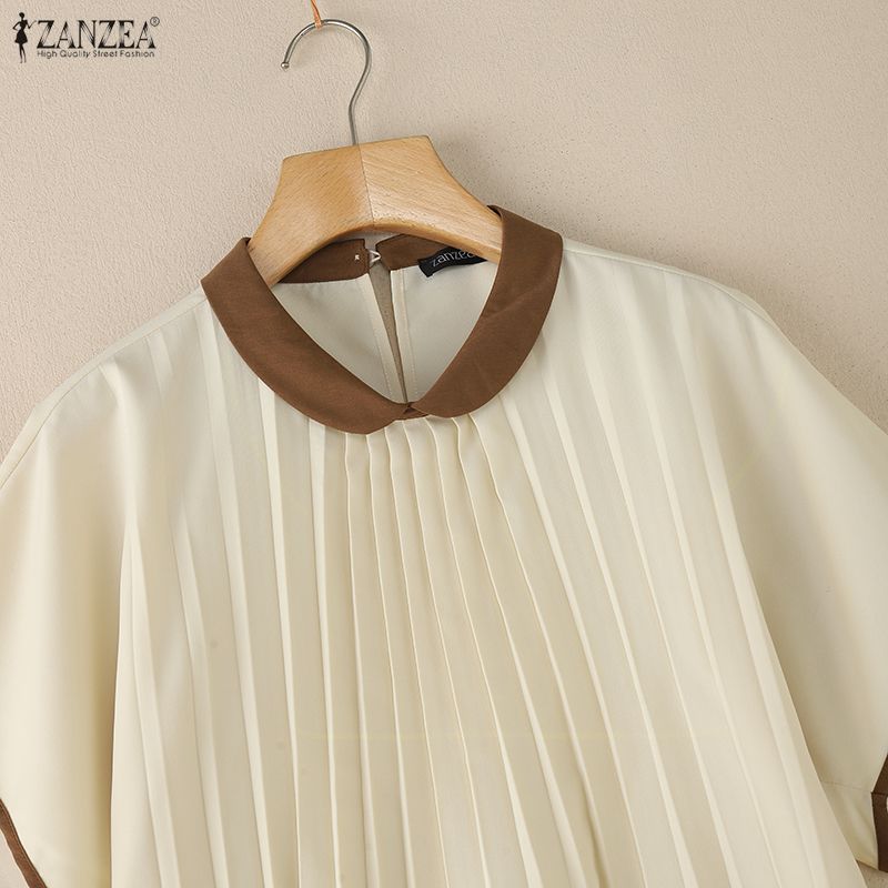 ZANZEA Женская повседневная летняя блузка с круглым вырезом и коротким рукавом