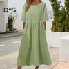 Summer Dress with Pockets Round Neck Loose Waist Short Sleeves Calf Length Solid Color Midi Dress for Work School Dating