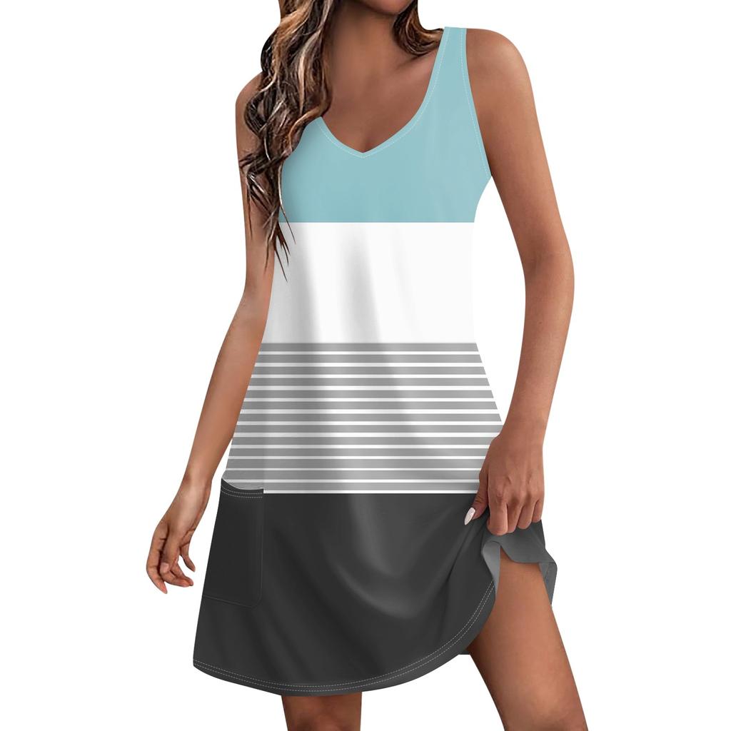 Women's Casual Print Summer Bohemian Beach Dress With Pockets V Neck Tank Dress