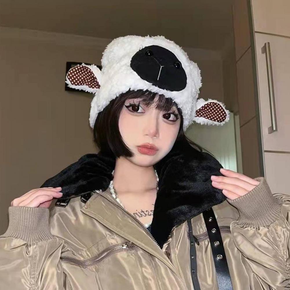 Lady Winter Hat Cartoon Lamb Head Shape Thick Fleece Ear Dome Heat Retention Outdoor Photo Prop Daily Cap