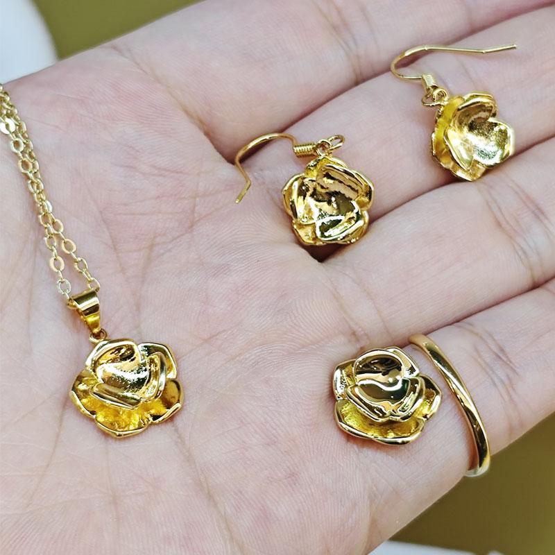 Изысканные цветочные наборы женские ювелирные изделия цвета шампанского золота серьги кольцо кулон цепочка комбинированный комплект