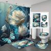 Hot 4-piece Set of Blue Fairy Flower Print 12 Hook Waterproof Shower Curtain, Bathroom Floor Mat, U-shaped Mat, Toilet O Cover Mat