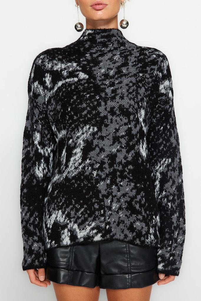 Женский модный стильный свитер с леопардовым рисунком и высоким воротником, трикотажный свитер