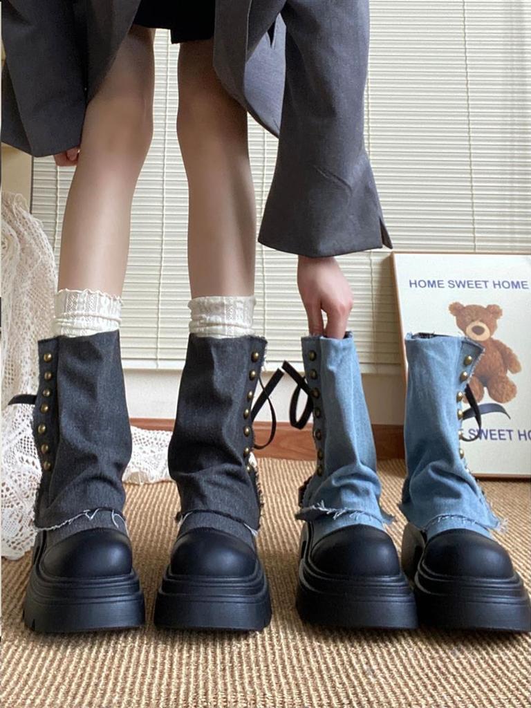 Модные ковбойские полусапоги на платформе с круглым носком для женщин, весенне-осенние, шикарные и элегантные, для косплея, до середины икры, женские