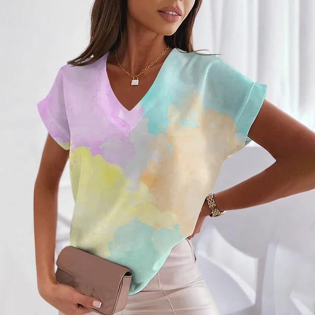 Летние женские футболки с геометрическим узором и V-образным вырезом, сексуальные топы с коротким рукавом, модная футболка с принтом, футболка Harajuku, женская одежда больших размеров