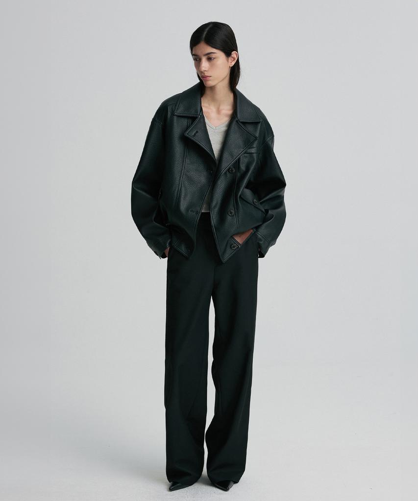 RE RHEE Oversized Leather Bomber Jacket Black