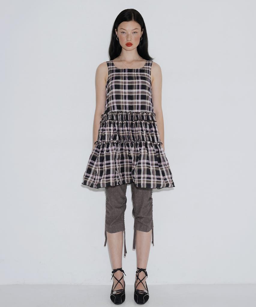 Cecese Tiered Ruffle Check Dress Black