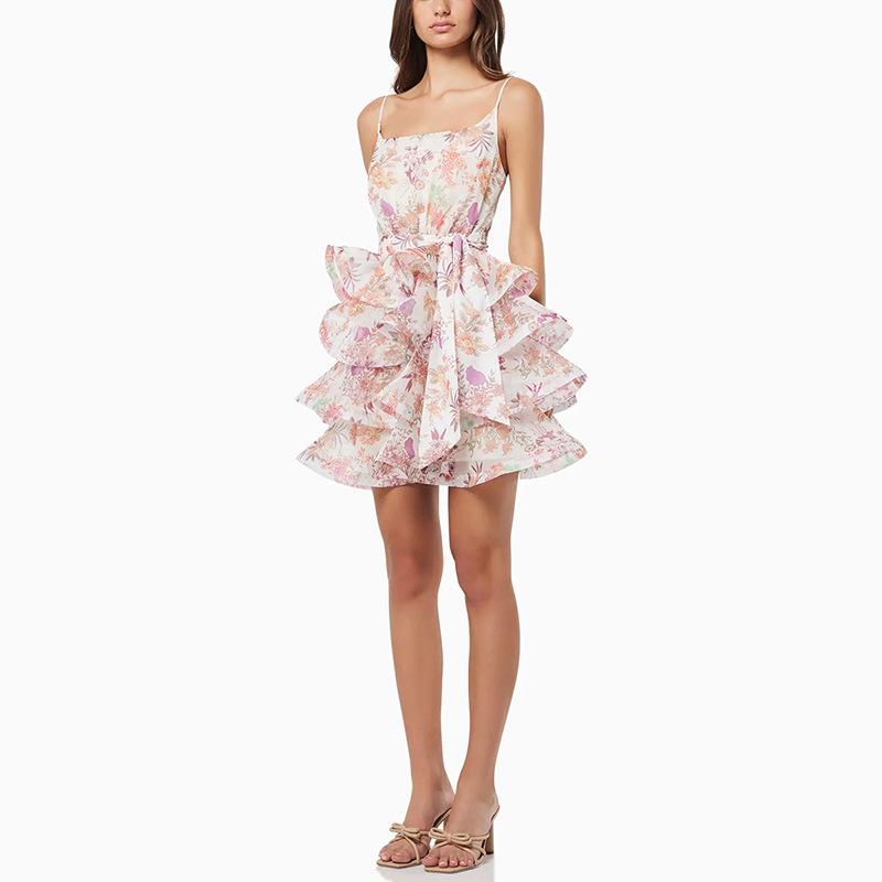 Юбка на подтяжках с французскими оборками и цветочным принтом 2025 года со шнуровкой на талии — облегающее праздничное платье для женщин