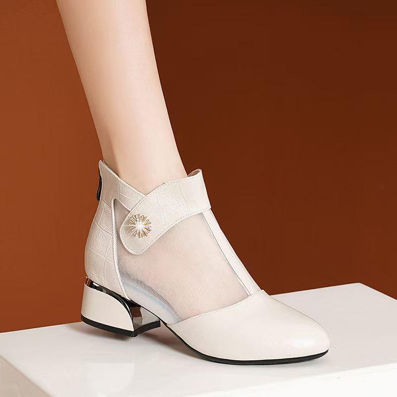 Женские Летние Новые Ботильоны на Блочном Каблуке Сетчатые Прохладные Ботинки Мягкая Подошва Нескользящие Высокие Дышащие Молнии Ботильоны на Низком Каблуке Сандалии с Открытым Носком