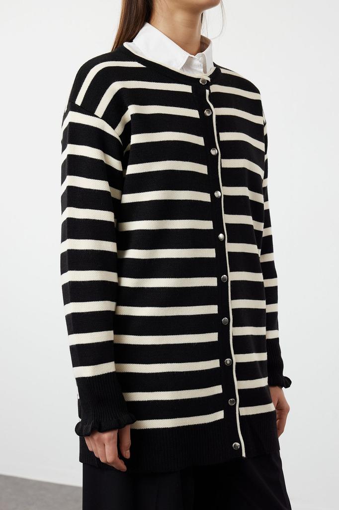 Women's Fashionable Stylish Hijab Cardigan Black Stone Knitwear Striped Cardigan