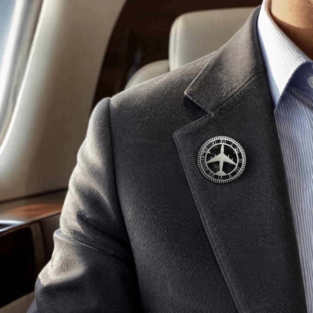 Classic Airplane Lapel Pin Round Hollow Badge Metal Clip Roman Numerals Brooch Suit Lapel