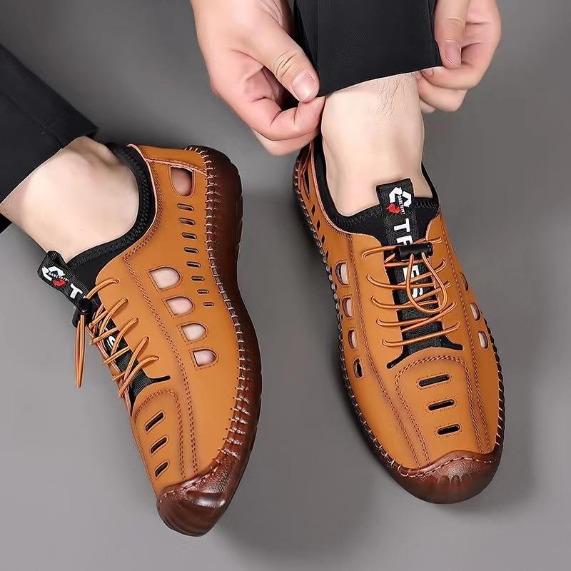 Sandals Men's Spring and Summer New Men's Casual Hollow Breathable Leather Shoes Anti-Slip Soft Sole Bag