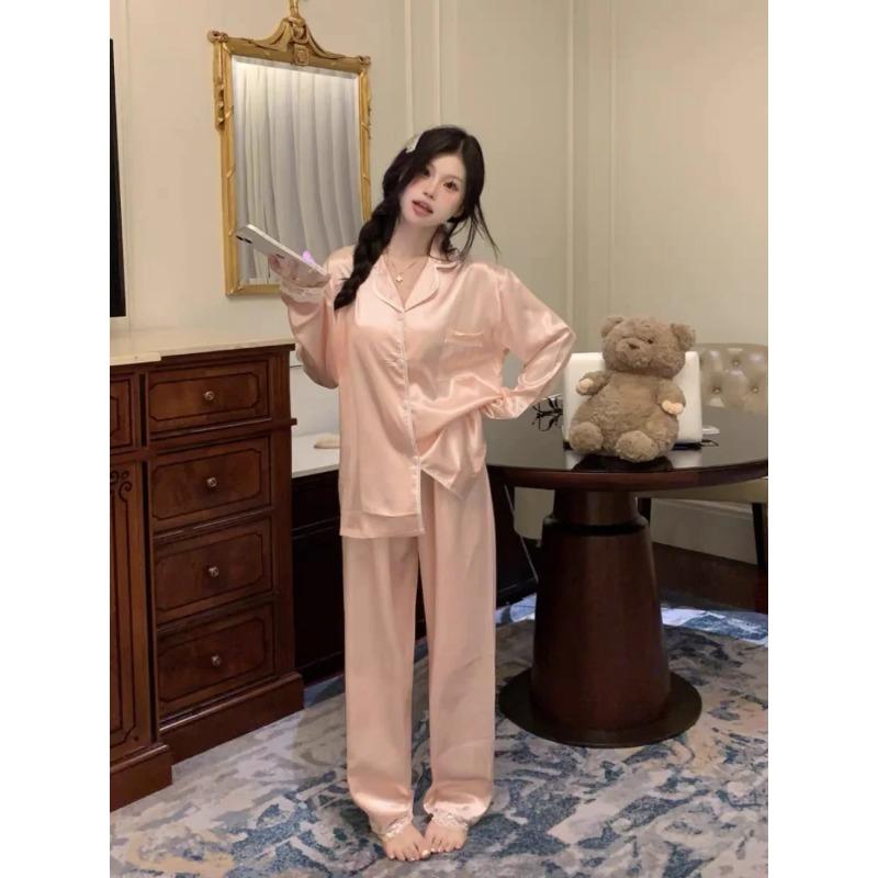Весна Осень Новые Мягкие Пижамные Комплекты Из Ледяного Шелка для Женщин, Кардиган с Кружевными Отворотами, Комплект Из 2 Частей, Милая Розовая Женская Пижама
