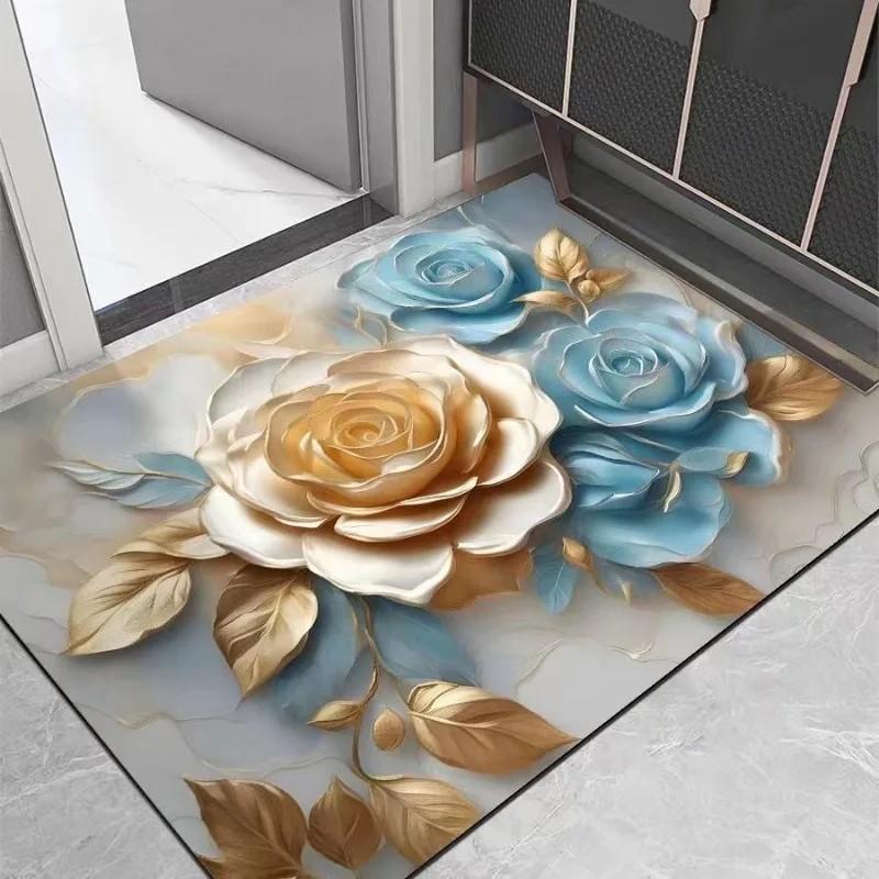Elegant Golden Floral Welcome Doormat for Entryway Floor Mat Home Decor Rose Marble Texture Pattern Stylish Indoor Bathroom