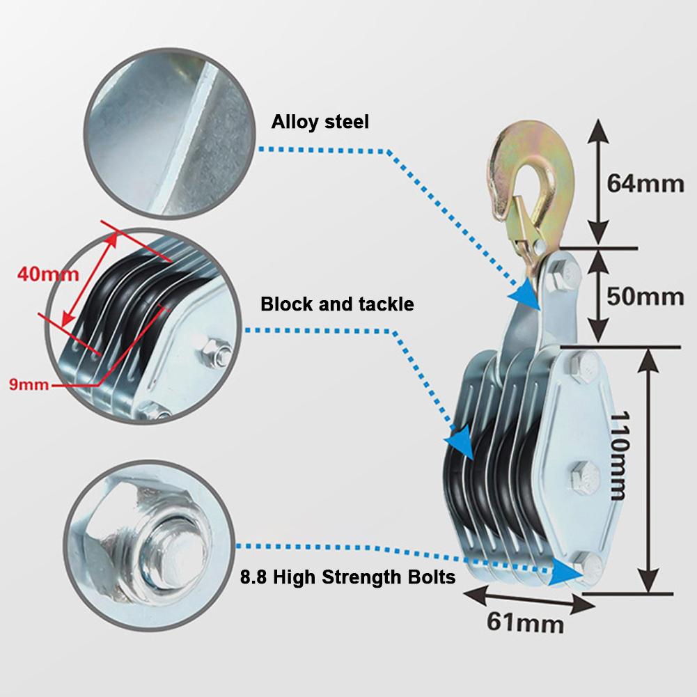 270° Rotatable Rope Pulley Block Zinc Alloy Hook Handheld Crane Heavy Duty Polyethylene Rope Pulley Hoist Manual Lifting Device