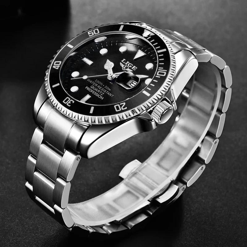 LIGE Fashion Men Watch Top Brand Luxury Stainless Steel Watches Waterproof Luminous Quartz Wristwatch
