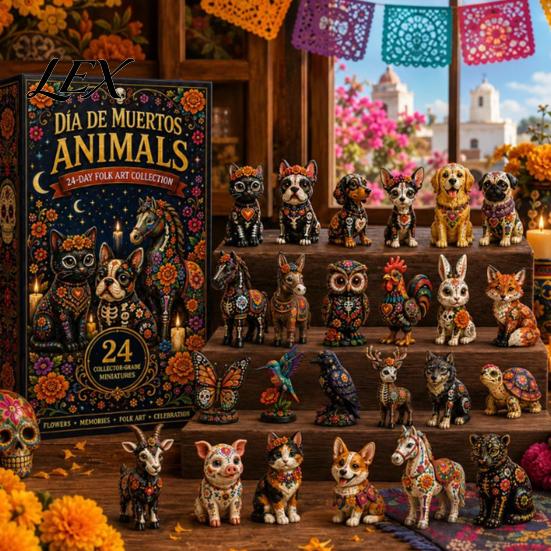 Creative Holiday Memory Box Day of The Dead Advent Calendar, 24-Day Acrylic Ornament Set with Halloween Skull And Marigold Designs, Tree Hanging