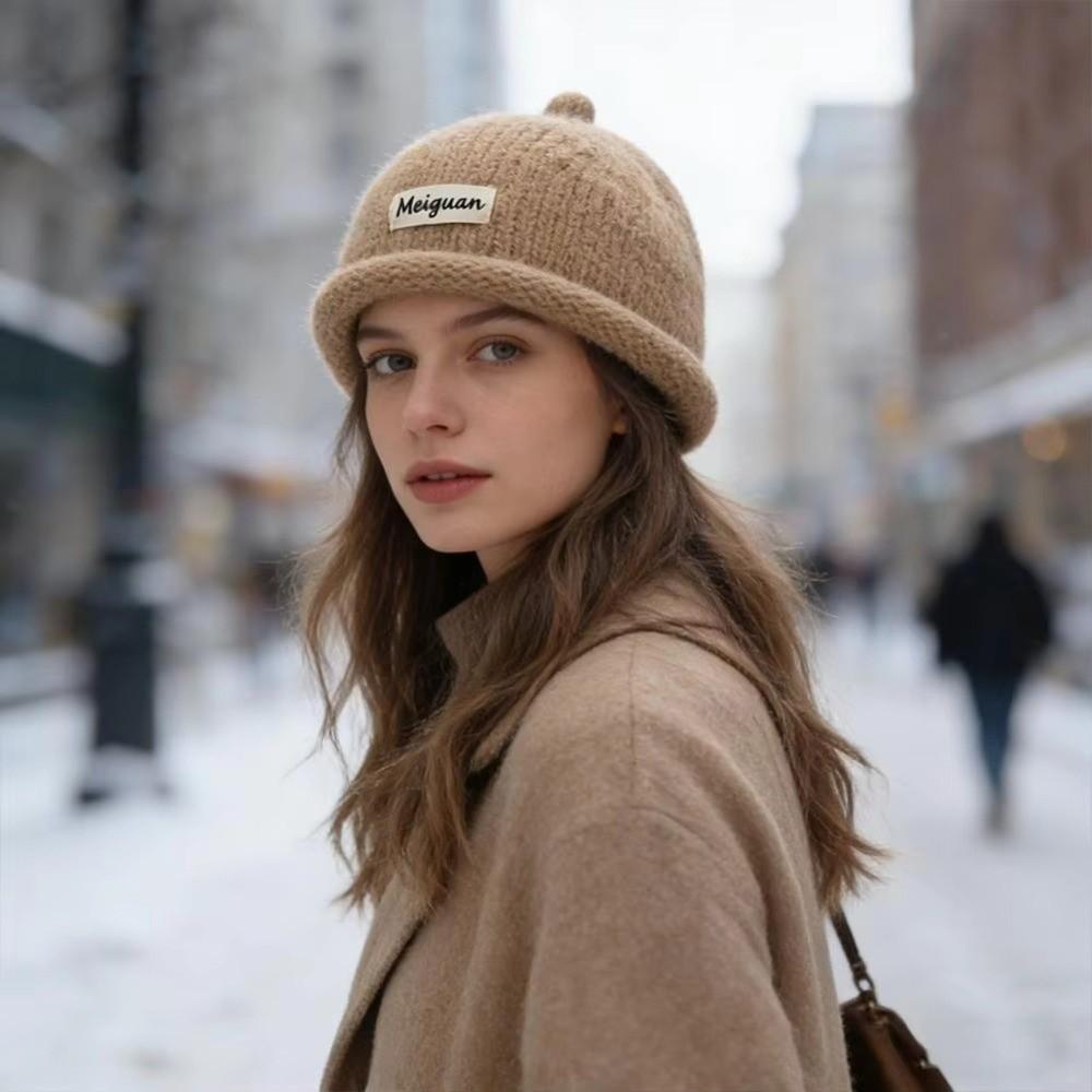 Solid Color Beanie Hat Turned-up Brim Bucket Hat Fashion Knitted Hat