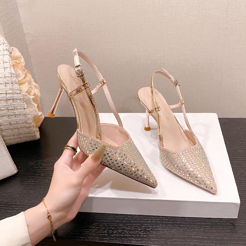 Fashion New Fashion Pointed Toe Women's Rhine-Diamond Sexy Pointy High Heels Beautiful Stiletto Bun Head One Word Buckle Sandals Woman