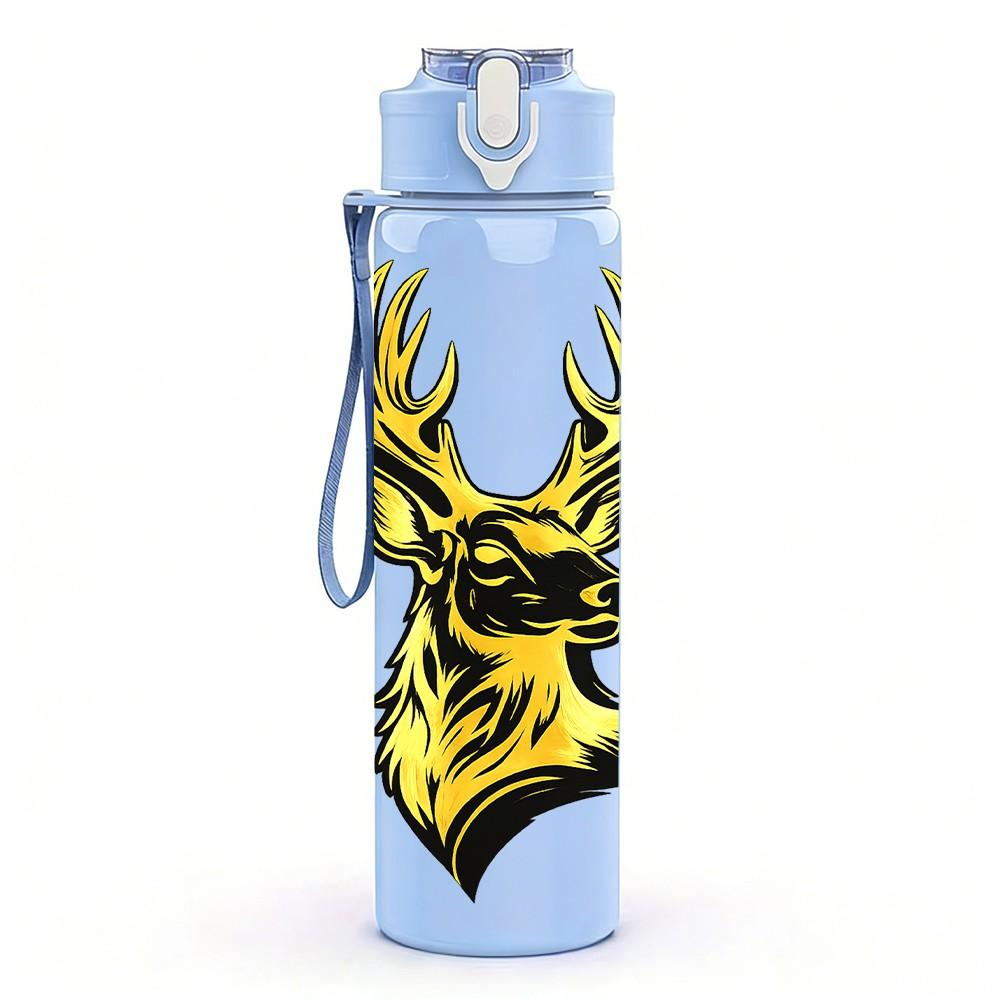 1PC Golden Deer Head Portrait Print 750ml Color Plastic Sports Water Bottle Leakproof Flip Straw Lid Suitable for Sports Office Home Use