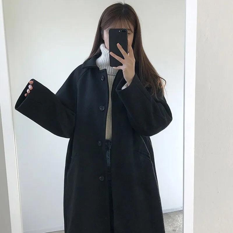 Женские шерстяные пальто, женские однотонные повседневные свободные черные, бежевые шерстяные пальто, женские осенне-зимние кашемировые длинные пальто на пуговицах