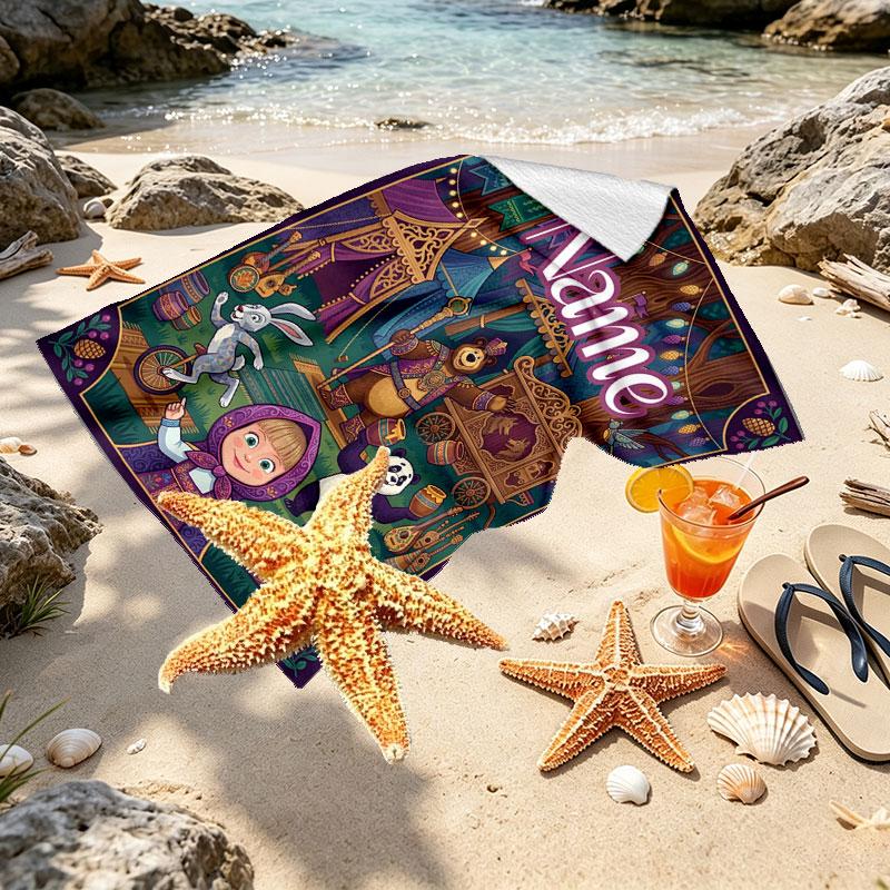 Custom Name Personalized Masha and the Bear Print Beach Towel, for Trip Camping Beach Party Home Decor, Birthday Gift for Family & Friends