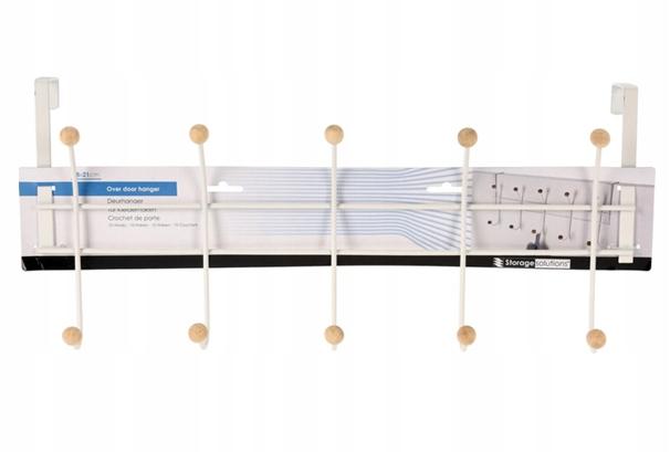 Wieszak na drzwi 10 haczyków 48x21cm Biały metalowy z drewnianymi gałkami