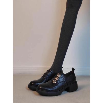 Версия из овчины~ кожаная платформа пуговица черный круглый носок универсальные маленькие кожаные туфли женские в британском стиле ретро лоферы одинарные туфли