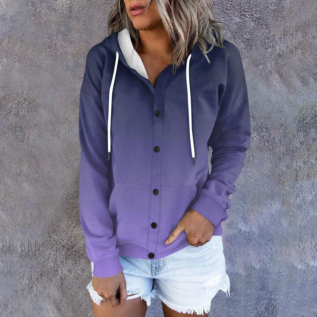 Women's Hoodie, Solid Color Gradient Printed Long Sleeved Loose Hooded Sports Jacket