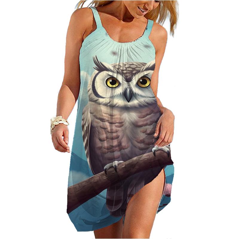 Летнее Новое Пляжное Платье с 3D Принтом Совы, Гавайское Сексуальное Платье с Рукавами на Плечах, Летнее Платье Traf, Платье с Цветами для Женщин