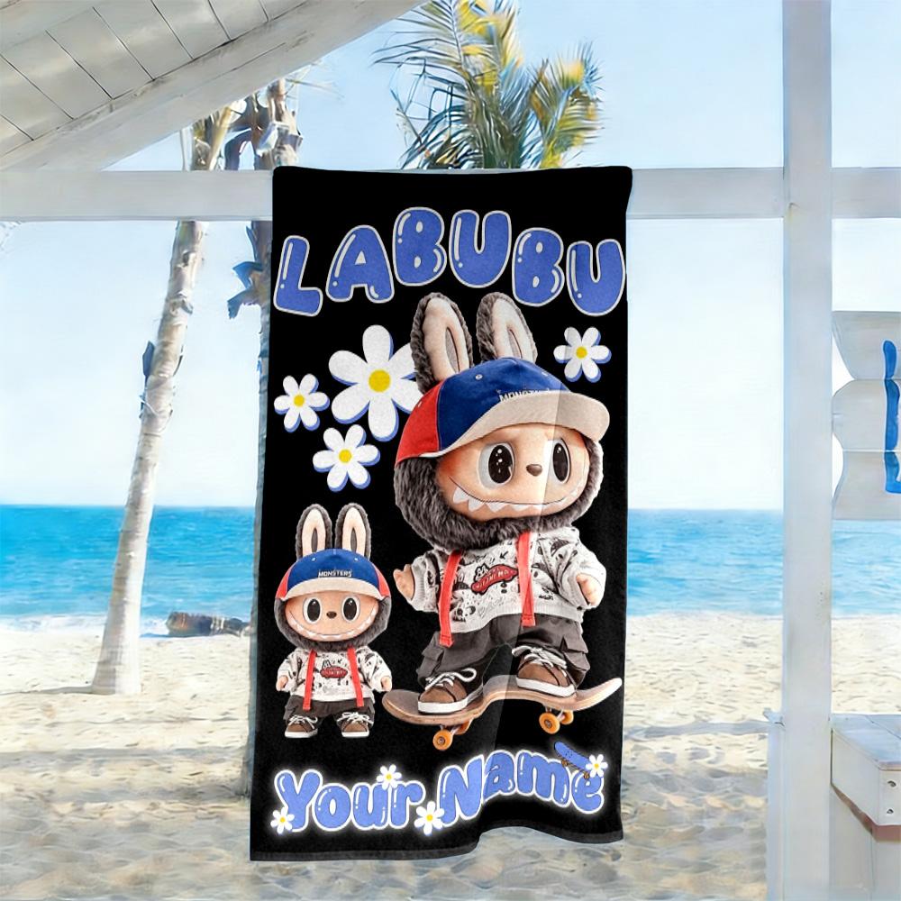 Labubu Personalized Text Beach Towel Super Soft Microfiber Quickdry Fabric Suitable for Swimming Gym Camping Yoga Vacation